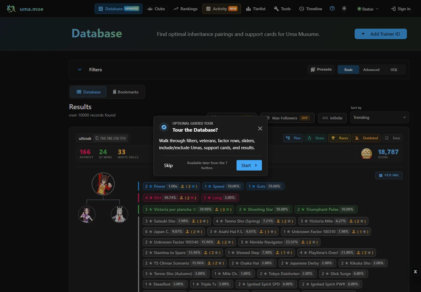 Base de datos comunitaria de Umamusume con resultados de ID, afinidad, factores, habilidades y controles de búsqueda