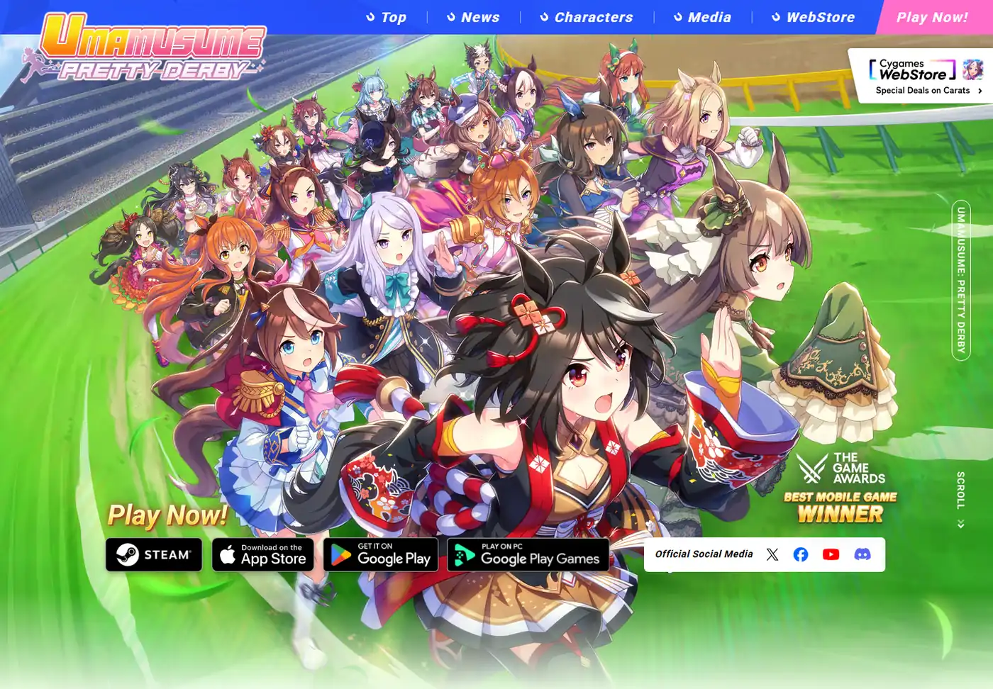 Ilustración oficial de Umamusume Pretty Derby con un gran grupo de corredoras en el hipódromo