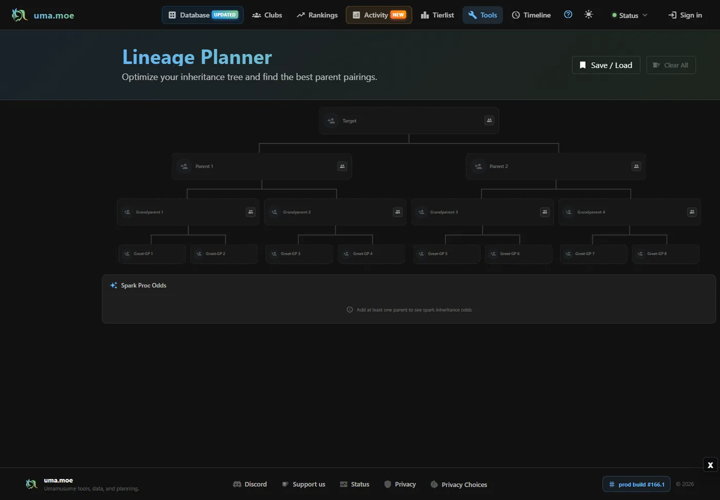 Planificador comunitario de linaje de Umamusume con objetivo, padres, abuelos y bisabuelos