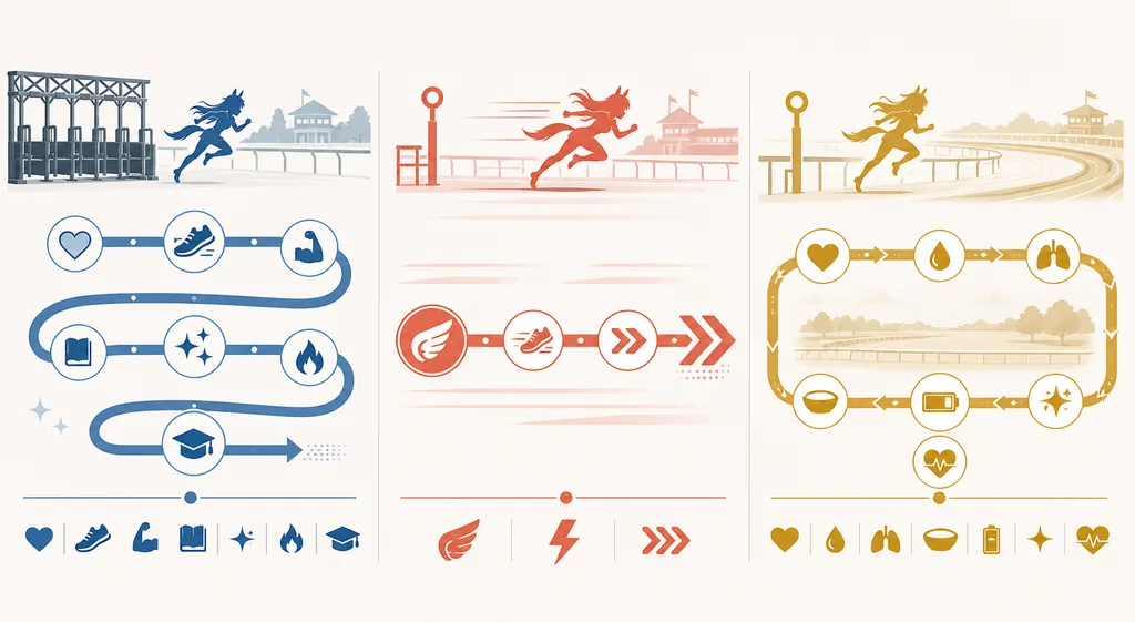 Three color-coded editorial training paths representing balanced, sprint, and stamina priorities