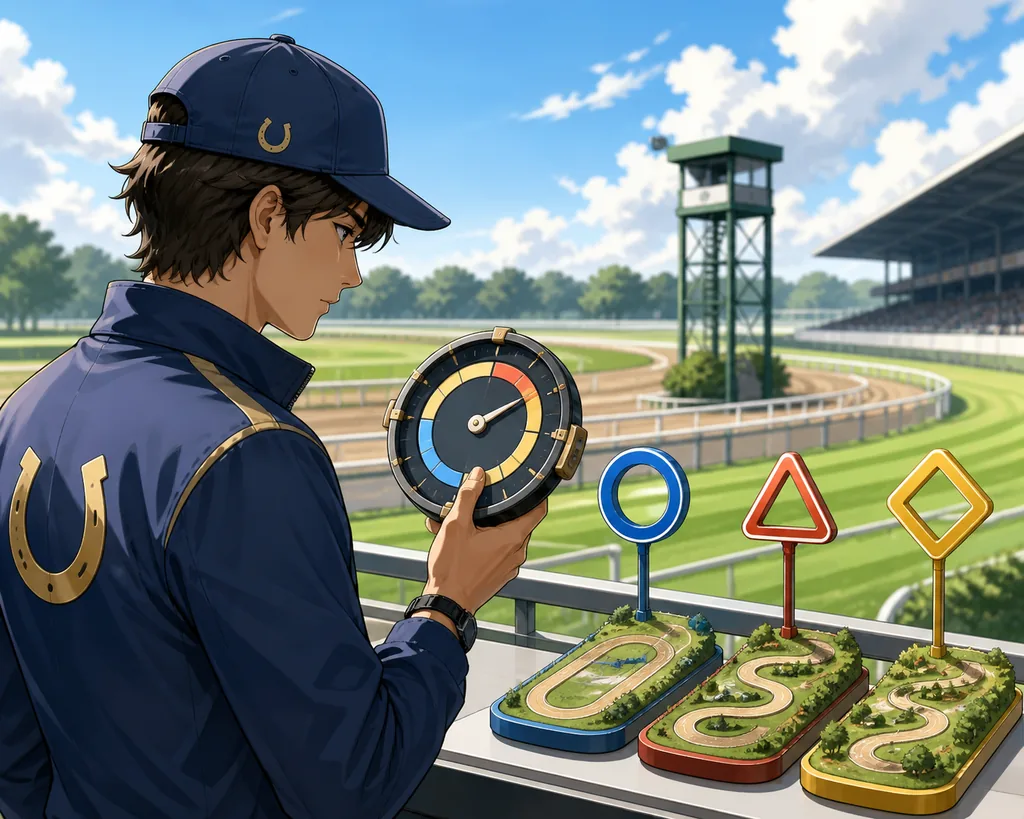 Editorial illustration of a trainer reviewing a race track, timer, and three independent training priorities