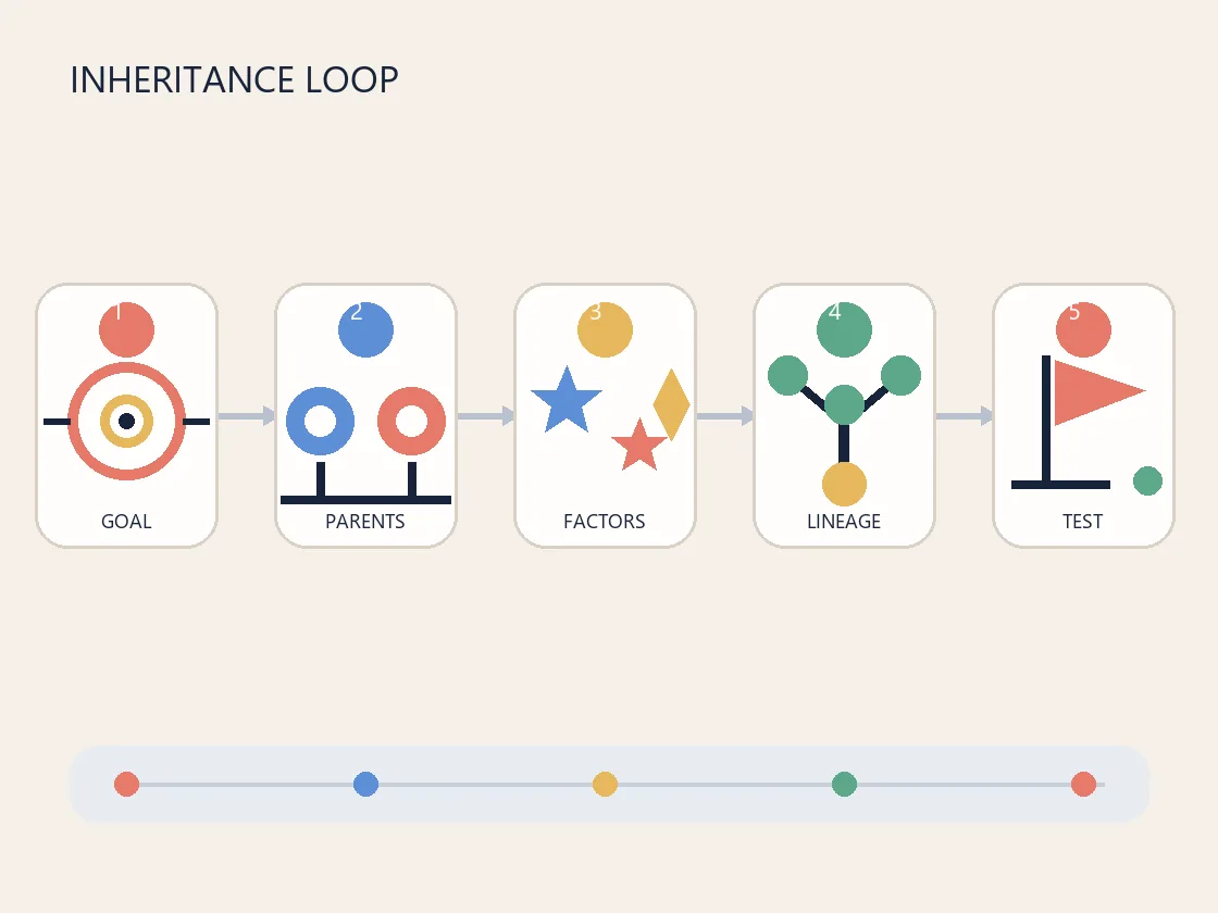 Diagrama editorial da herança do Umamusume, da corrida-alvo ao buscador de pais e ao teste final