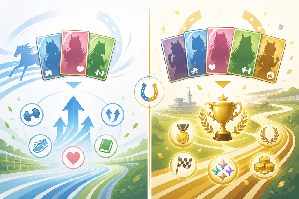 Editorial comparison illustration of training-focused and race-bonus-focused Umamusume support-card plans