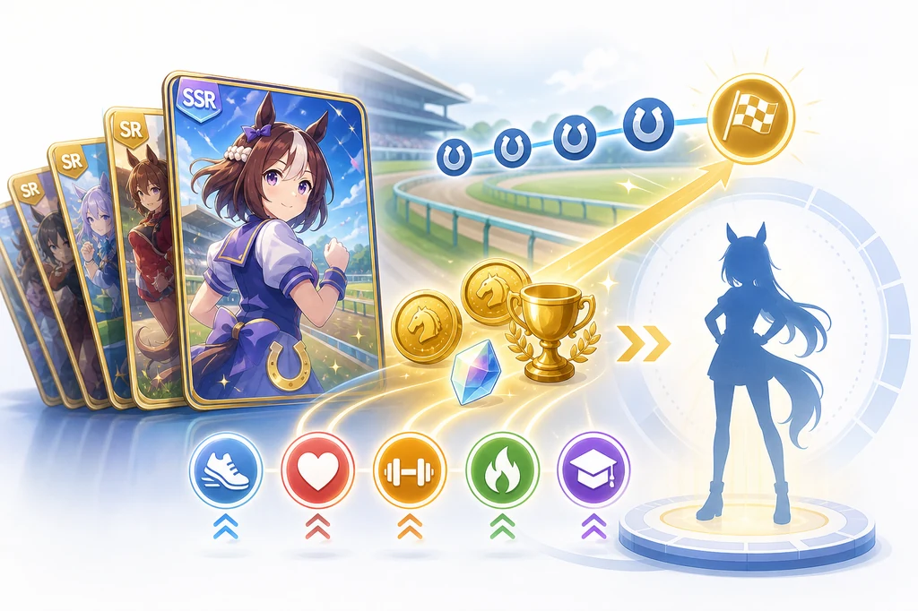 Editorial illustration of Umamusume support cards, race rewards, and trainee build planning