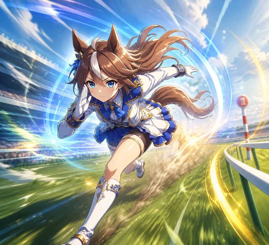 Ilustración conceptual de una corredora de Umamusume activando una habilidad en la pista