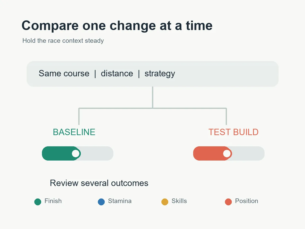 Redaktionelles Vergleichsdiagramm mit einem Basisbuild und einem Testbuild bei gleicher Strecke, Distanz und Strategie