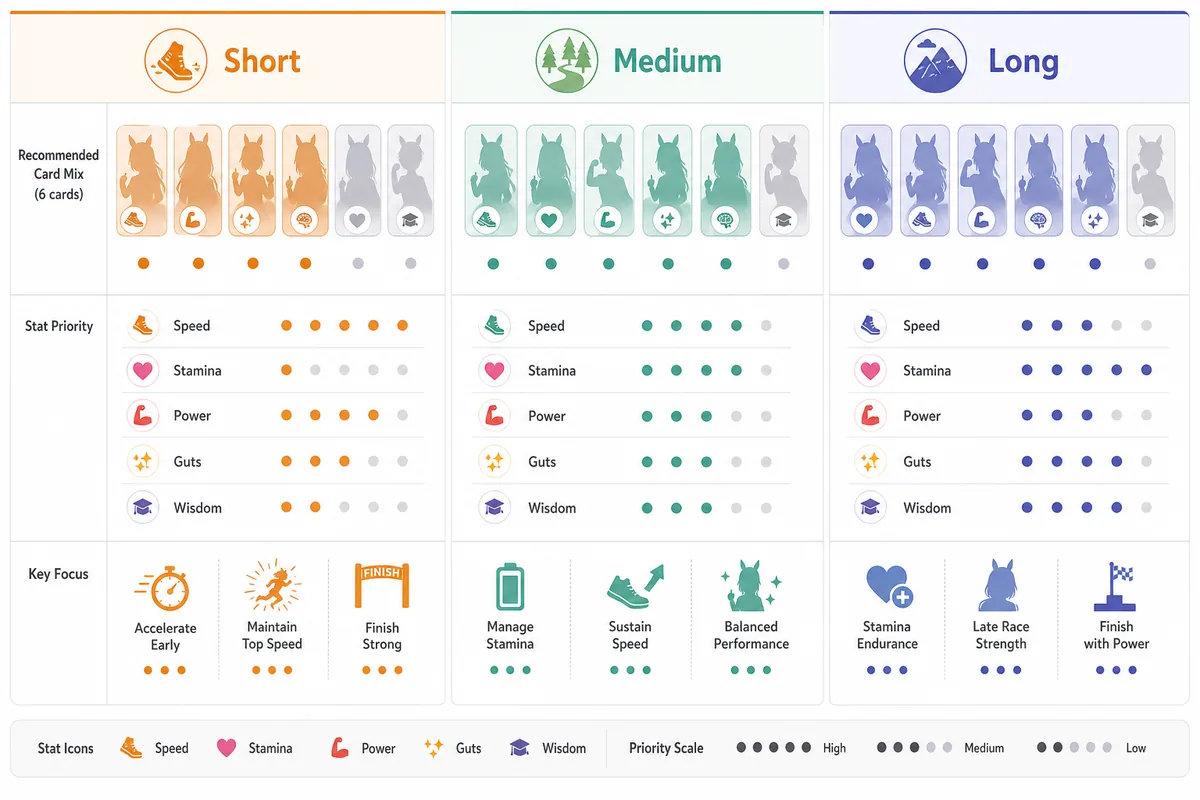 Editorial comparison matrix showing support card planning differences for short medium and long races