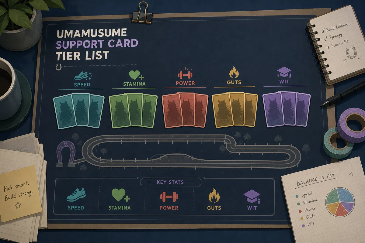 Editorial illustration of Umamusume support card tier planning with role cards and race stat icons