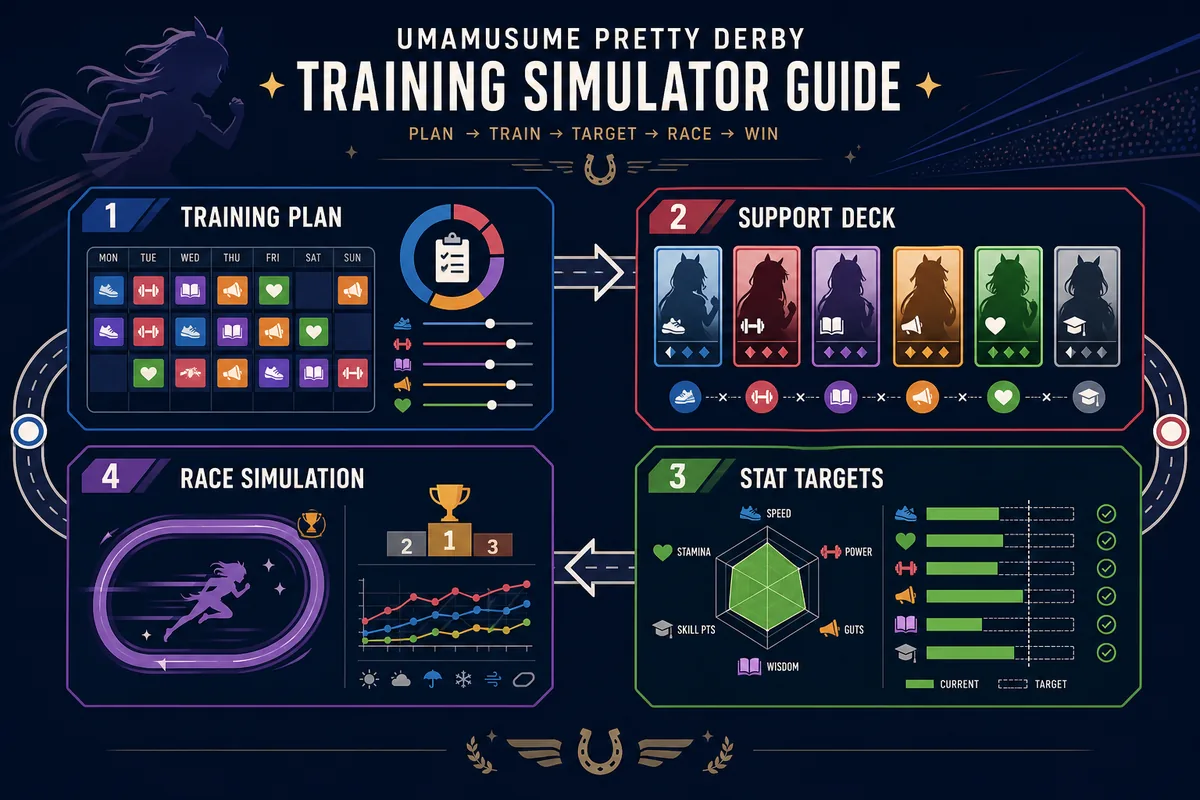 Editorial workflow diagram for an Umamusume training simulator plan from support deck to race simulation