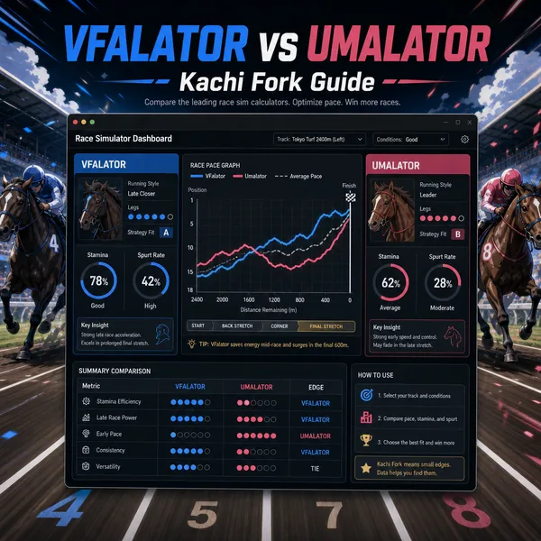VFAlatorとUmalatorを比較するウマ娘レースシミュレーターのダッシュボード